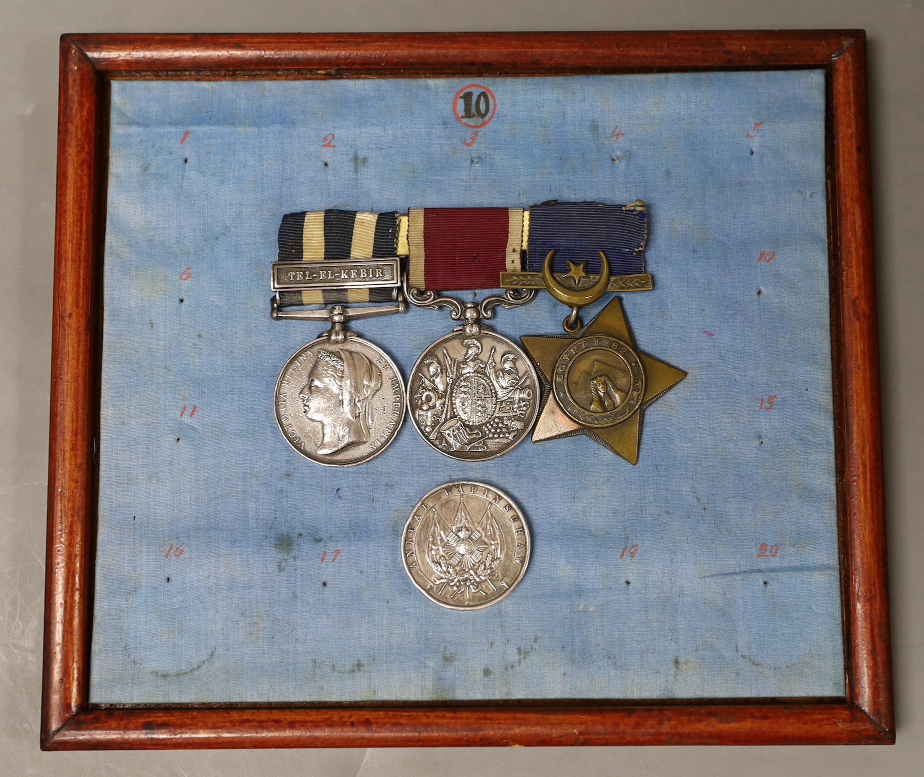 Egypt 1882 medal with Tel-El-Kebir clasp to 1603 Pte A Hill. 2/Highland L I, Khedive Star, Scottish Rifles with Long Service and Good Conduct medal and 2nd H. L. I. Championship medal awarded to Pte Alfred Hill 1887